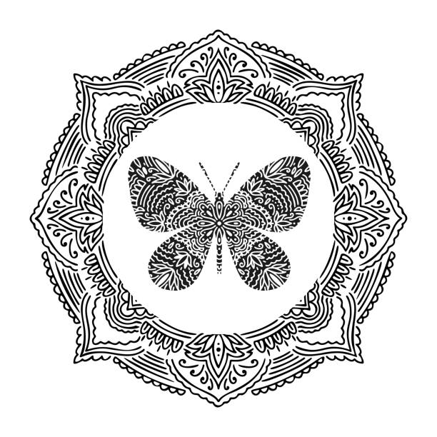 Graphic round frame mandala abstract isolated in white background..Boho indian shape.Ethnic oriental style Graphic round frame traditional mandala abstract isolated in white background.Boho indian shape.Ethnic oriental style.vector illustration. butterfly tattoo stencil stock illustrations