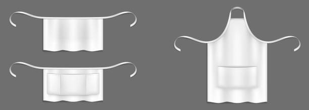 Chef aprons, white cook uniform 3d vector mockup Chef aprons, white cook uniform 3d vector mockup. Kitchen or bakery staff bibs or pinafore with front pocket and strings isolated realistic templates. Restaurant, cafe or barbecue party garment design apron strings stock illustrations