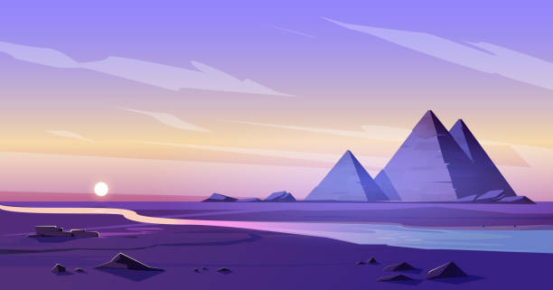 Egypt pyramids and Nile river in dusk desert. Egypt pyramids and Nile river in dusk desert, egyptian pharaoh tomb complex in Giza plateau illuminated with sunset light under purple sky. Cartoon vector ancient famous touristic african landmark ancient civilization illustrations stock illustrations