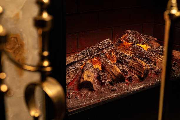 istock Close up of a fireplace with burning wood logs inside 1301339789