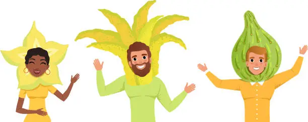 Vector illustration of Smiling People in Fruit Headdress, Happy Persons Wearing Feijoa, Citron, Carambola, Headgears Cartoon Vector Illustration