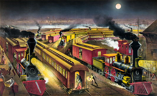 Vintage illustration features a late 19th century American railway junction at night. Three trains featured are Lightning Express (an express train), Flying Mail (transport of postal mail), and Owl Train (an overnight sleeper train.)