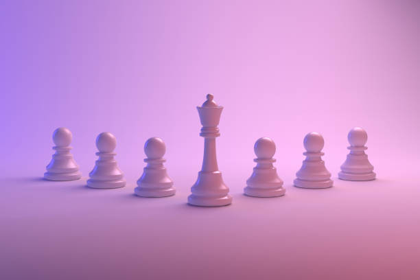 Chess queen with six pawns. 3d illustration of chess queen with six pawns at her sides in studio with soft light. chess piece photos stock pictures, royalty-free photos & images