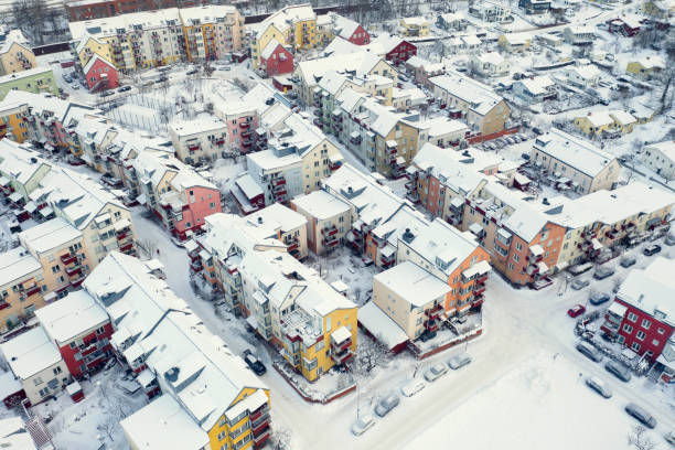 aerial view of apartment buildings in winter - stockholm sweden sea winter imagens e fotografias de stock