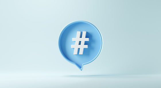Hashtag sign symbol in social media notification icon on pastel blue background.