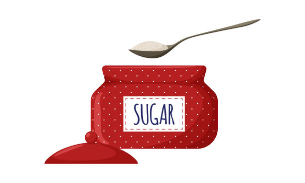 Red polka-dot sugar bowl with open lid and label. Sugar in a spoon. Kitchen utensils, sugar container. Sweet, unhealthy, harmful food. Illustration in cartoon flat style. Isolated on white background. Red polka-dot sugar bowl with open lid and label. Sugar in a spoon. Kitchen utensils, sugar container. Sweet, unhealthy, harmful food. Illustration in cartoon flat style. Isolated on white background sugar bowl crockery stock illustrations