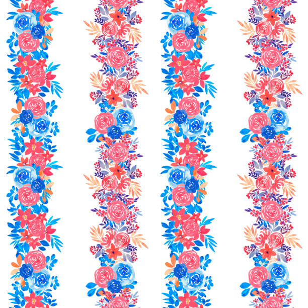 vertikale blumenstreifen auf weißem hintergrund. aquarell blühende abstraktion. nahtloses buntes muster - blossom florescence flower wallpaper pattern stock-grafiken, -clipart, -cartoons und -symbole