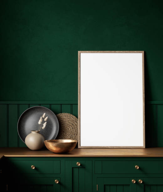 istock Green kitchen interior with decor and blank frame. 3d render illustration mock up. 1301349308