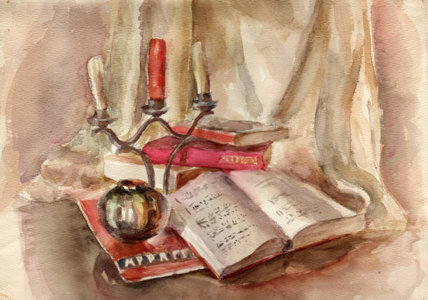 istock Watercolor painting. Still life illustration with open musical notes, candlestick with three candles, red old book on a beige drapery background 1301351988