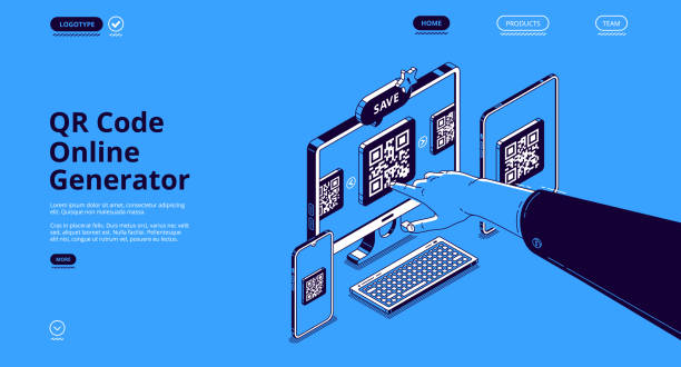 Vector banner of qr code generator QR code online generator. Mobile app, digital service for generate qrcode for electronic payments, identification and display information. Vector landing page with isometric devices and pointing hand qr barcode generator stock illustrations