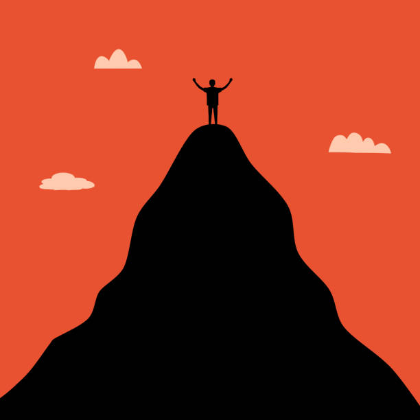 istock Life goal concept vector illustration. A man standing on the top of high mountain in flat design. Symbol of success, goal, achievement in life. 1301353341