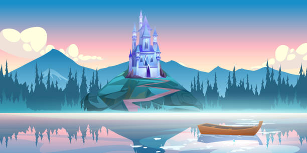 fantasy niebieski zamek na skale o poranku - castle fairy tale palace forest stock illustrations