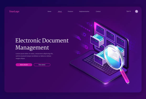 Vector banner of electronic document management Electronic document management banner. Online paperwork storage, digital system of organization and find docs. Vector landing page of manage business papers with isometric laptop and magnifier discover card stock illustrations