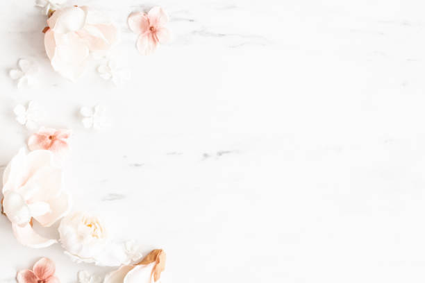 istock Flowers composition. White and pink flowers on marble background. Flat lay, top view 1301354018