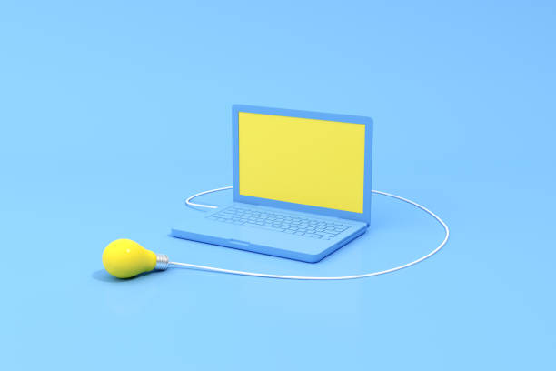 istock 3d rendering of blank screen laptop and yellow light bulb. Minimal concept. 1301355365