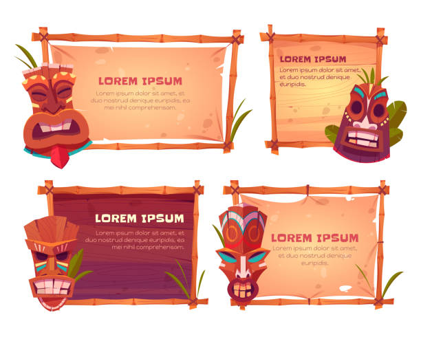 Sign boards with bamboo frames and tiki masks Bamboo frames with tiki masks. Vector cartoon set of beach sign boards with bamboo sticks, old canvas or paper, tropical leaves and wooden hawaiian tribal totems luau stock illustrations