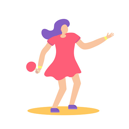 A woman in sportswear with a table tennis racket on a white background is isolated. An athlete plays table tennis. Vector illustration in a trendy style. The girl in the pink dress