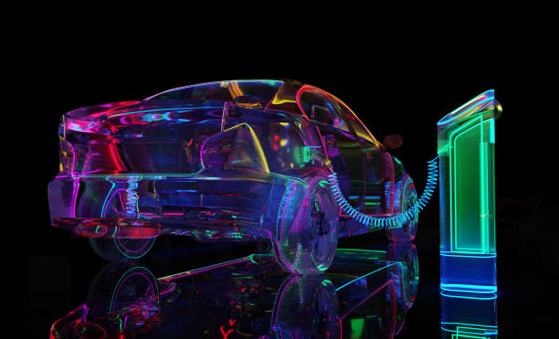 istock Charging modern eclectic car. Glass car with neon lighting 1301358619
