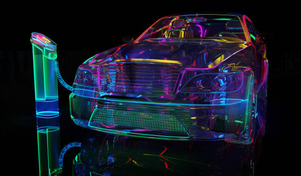 istock Charging modern eclectic car. Glass car with neon lighting 1301358695