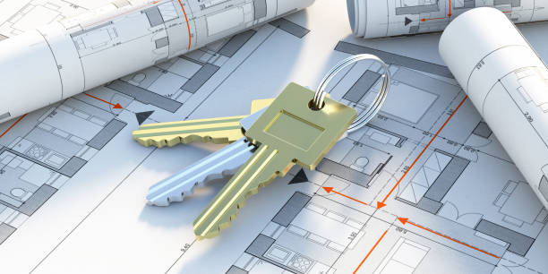 istock Keys on construction blueprint plans, Real estete development project. 3d illustration 1301360024