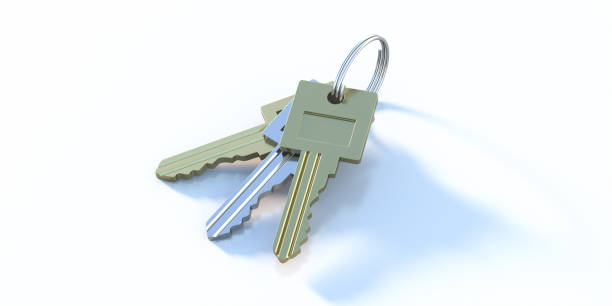 istock Key ring with three keys isolated on white background. 3d illustration 1301360032