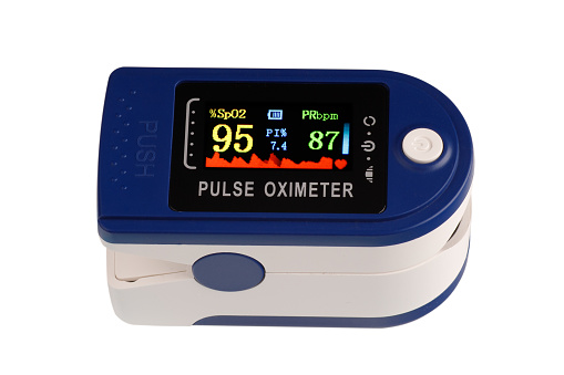 Pulse oximeter device for measuring the amount of oxygen in the blood on a white background.
