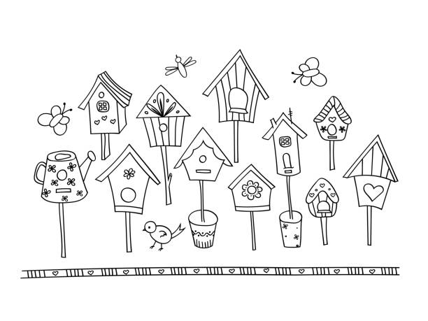 большой набор севоречников. векторная иллюстрация в стиле doodle изолирована на белом фоне. - birdhouse animal nest bird tree stock illustrations