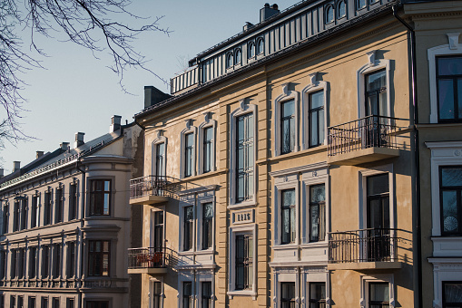 January 30, 2021. Oslo, Norway: Residential building facades at Bolteløkka in Oslo.