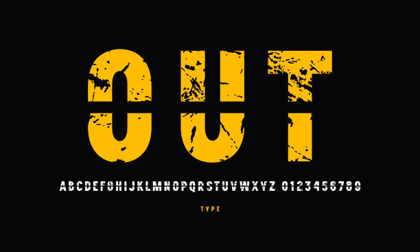 Cross out sans serif font Cross out sans serif font. Letters and numbers with vintage texture for emblem design. Color print on black background sans font stock illustrations