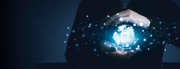 istock Human in future communication network technology concept, Closeup man hand with graphic earth and network connection with copy space 1301365588