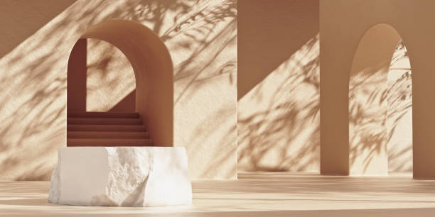 istock Stone product podium on beige wall with arches 1301368253