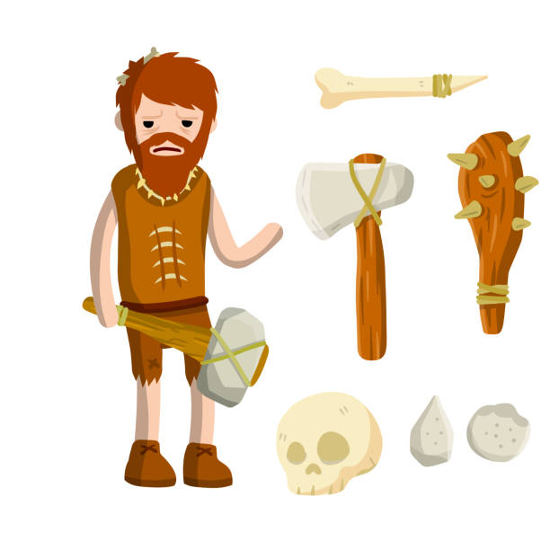 ilustraciones, imágenes clip art, dibujos animados e iconos de stock de cavernícola primitivo. cazador prehistórico. edad de piedra. un hombre con un hacha o un martillo. - garrote