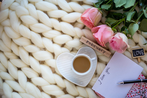 Greeting card, flowers and coffee for Valentine's day