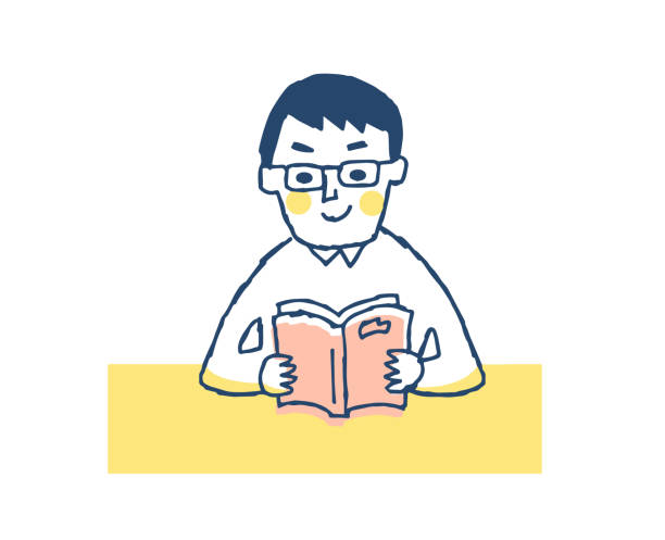 Man with glasses reading a book People, reading, desks, glasses,male reading comic book stock illustrations