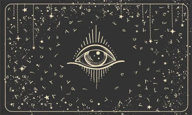 Vector illustration of All-seeing eye on a black background with Arabic numerals, vintage pattern for numerology, astrology, prediction. Modern esoteric vector banner.