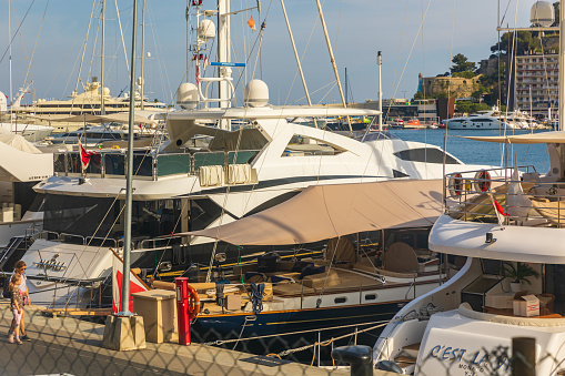 Monte Carlo, Monaco - Apr 18, 2019: Closeup view on yachts in the bay of Monaco with a marina