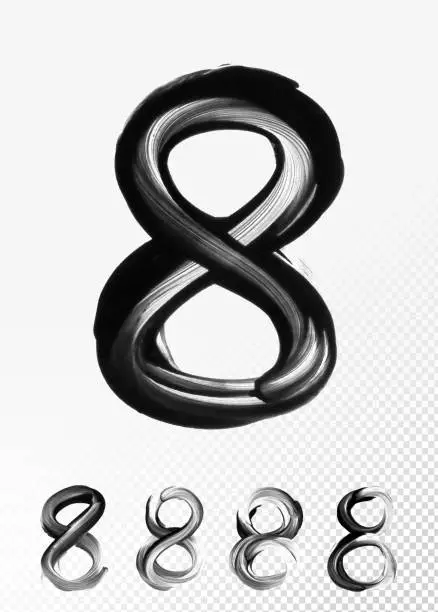 Vector illustration of NUMBER 8 - abstract paint illustration with round isolated black object - heavily diluted paint spread on the glossy surface of white paper background by a finger - uneven irregular natural unique and simple geomertic shape illustration