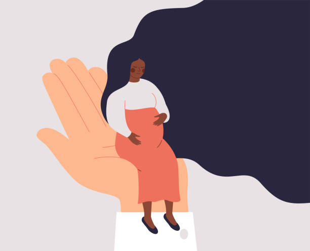ilustrações de stock, clip art, desenhos animados e ícones de a pregnant black woman sits on a big doctor's hand. prenatal medical care and check-up. - africana gravida