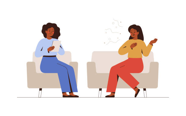 Female psychotherapist has an Individual session with her patient and sees positive results. Happy Woman sits on the sofa and excitedly tells something to her counselor. Female psychotherapist has an Individual session with her patient and sees positive results. Happy Woman sits on the sofa and excitedly tells something to her counselor. Talk therapy concept. Vector listening illustrations stock illustrations