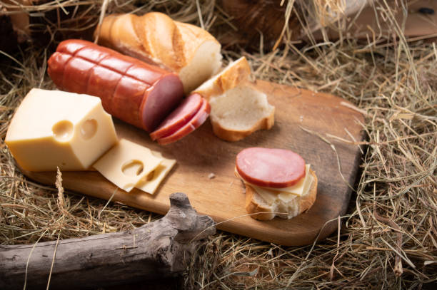 istock Sausage and cheese sandwich. Snack in the barn. 1301377720