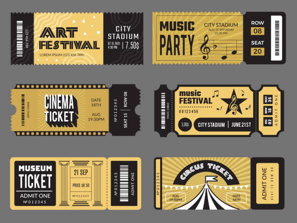 Event tickets. Entrance entertainment tickets to theatre cinema kids party soccer music concert recent vector design templates collection Event tickets. Entrance entertainment tickets to theatre cinema kids party soccer music concert recent vector design templates collection. Illustration entertainment event ticket, concert admission movie patterns stock illustrations