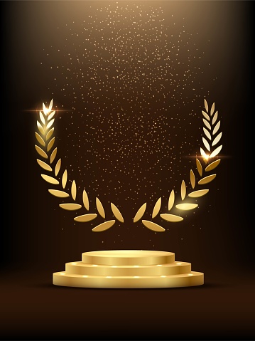 Golden podium with laurel glowing. Gold stage with glitter and light fog on dark background. Hollywood fame in film and cinema or championship in sport vector illustration.