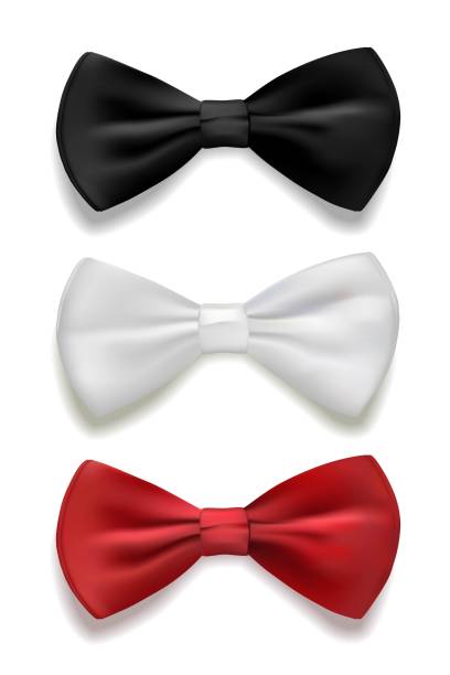 istock Black, white and red bow tie set. Classic silk or satin neckties vector illustration. Realistic gentleman formal luxury fashion element of costume for ceremony, wedding or party 1301379584