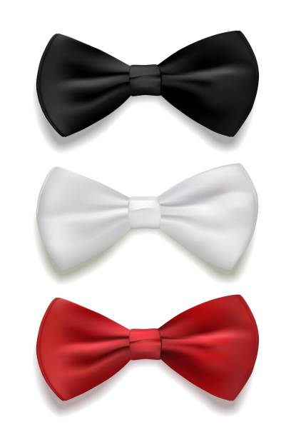 Black, white and red bow tie set. Classic silk or satin neckties vector illustration. Realistic gentleman formal luxury fashion element of costume for ceremony, wedding or party Black, white and red bow tie set. Classic silk or satin neckties vector illustration. Realistic gentleman formal luxury fashion element of costume for ceremony, wedding or party. prom fashion stock illustrations