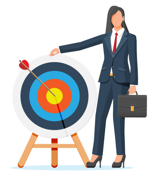 Businesswoman and dart target Happy businesswoman and dart target. Goal setting. Business woman with briefcase. Smart goal. Business target concept. Achievement and success. Vector illustration in flat style woman darts stock illustrations