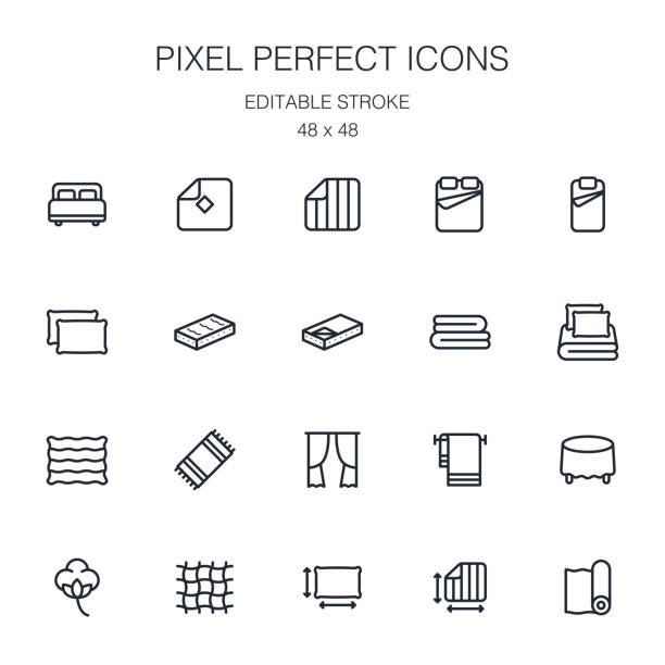 ilustrações de stock, clip art, desenhos animados e ícones de home textiles collection of outline icons collection with linens, towel, mattress, curtain, tablecloth, blanket, carpet and others. pixel perfect icons with editable stroke. 48 x 48. - sheet