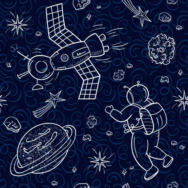 Vector illustration of Starry sky, astronaut and spaceship. Space texture in doodle style.