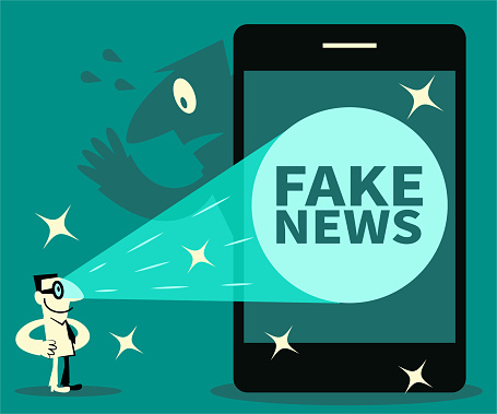 Unique Characters Vector Art Illustration.
Fake news concept, businessman shooting laser beams from his eyes at a big smartphone and finding fake news on the screen.