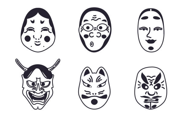 Outline Japanese Kabuki Theater masks collection . Set of various culture, historical elements. Asian mythology symbols cartoon clipart. hannya stock illustrations