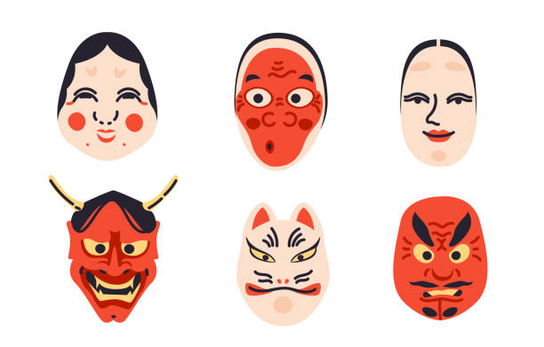 Japanese Kabuki Theater masks collection . Set of various culture, historical elements. Asian mythology symbols cartoon clipart. hannya stock illustrations